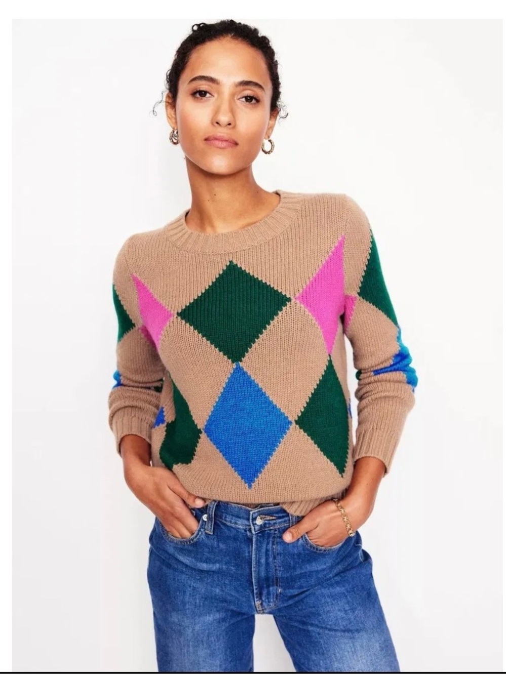 Boden Argyle Diamond Jumper Sweater Small NWT Pink Green